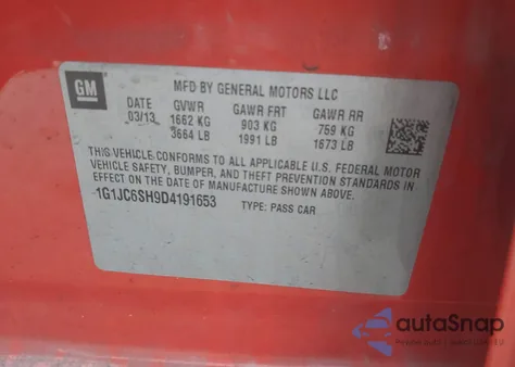 2013 Chevrolet Sonic Lt Auto z USA, uszkodzony, nr VIN 1G1JC6SH9D4191653